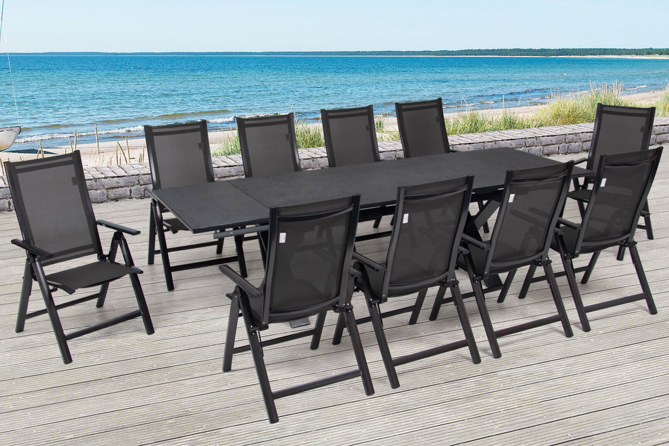 OUTFLEXX Gruppo pranzo da giardino, antracite, alluminio / ceramica / textilene, 180/280x100cm, 10 sedie pieghevoli 22231__1