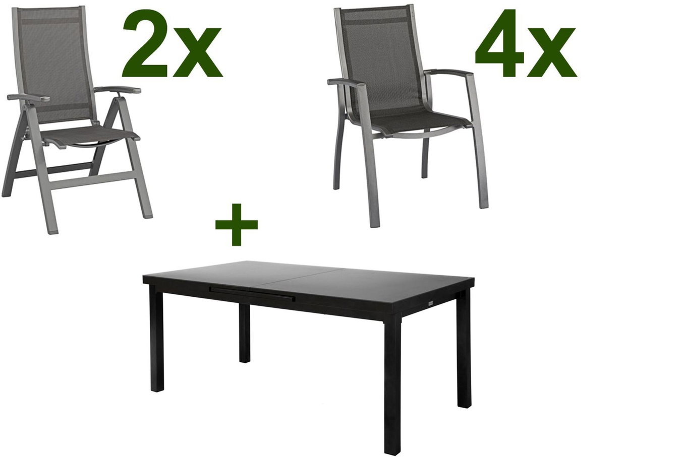 KETTLER Altura Gruppo pranzo da giardino, antracite, Alu/Textilene, tavolo 180/240x100cm, 4 poltroncine impilabili, 2 sedie pieghevoli 19305__1