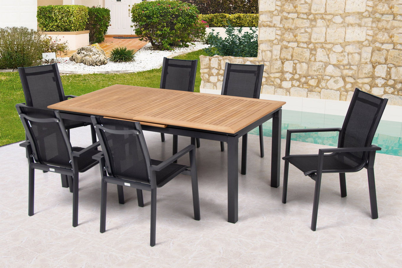 OUTFLEXX Set da pranzo da giardino, OUTFLEXX® antracite opaco, Alluminio / Teak / Textilene, Tavolo allungabile 180/240x100cm, 6 Sedie impilabili 22193__1