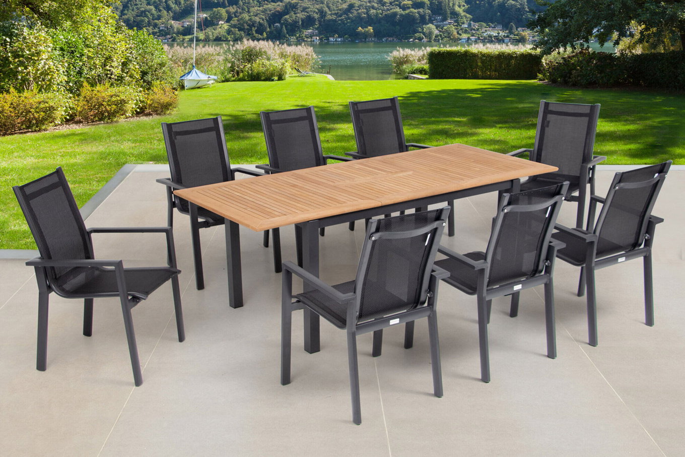 OUTFLEXX Set da pranzo da giardino, OUTFLEXX® antracite opaco, Alluminio / Teak / Textilene, Tavolo allungabile 150/210x90cm, 8 sedie impilabili 22179__1