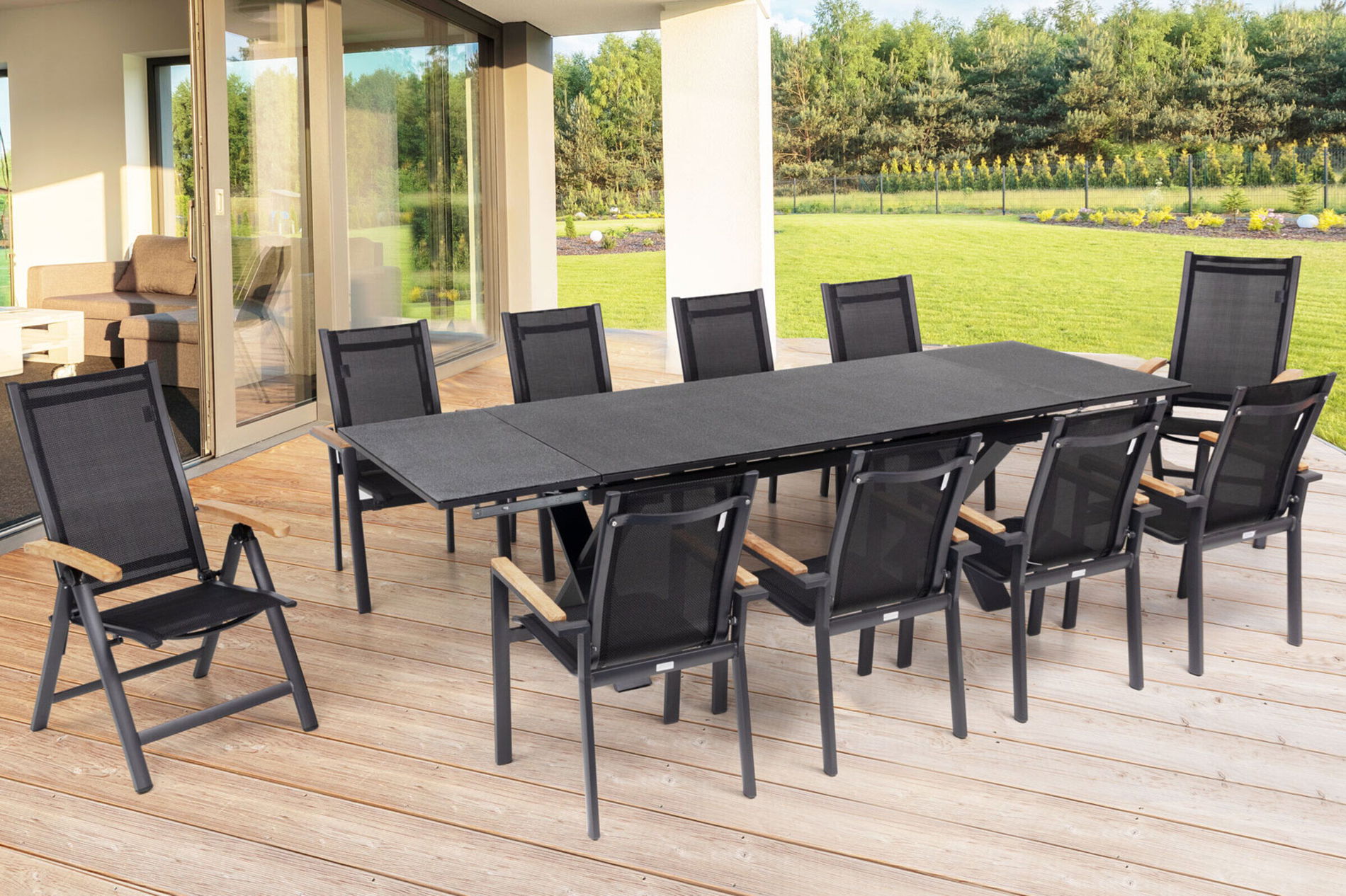 OUTFLEXX Set da pranzo da giardino, OUTFLEXX® antracite opaco, Alu / Spraystone / Teak, tavolo 180/280 x 100 cm, 8 poltrone impilabili, 2 sedie pieghevoli 22132__1