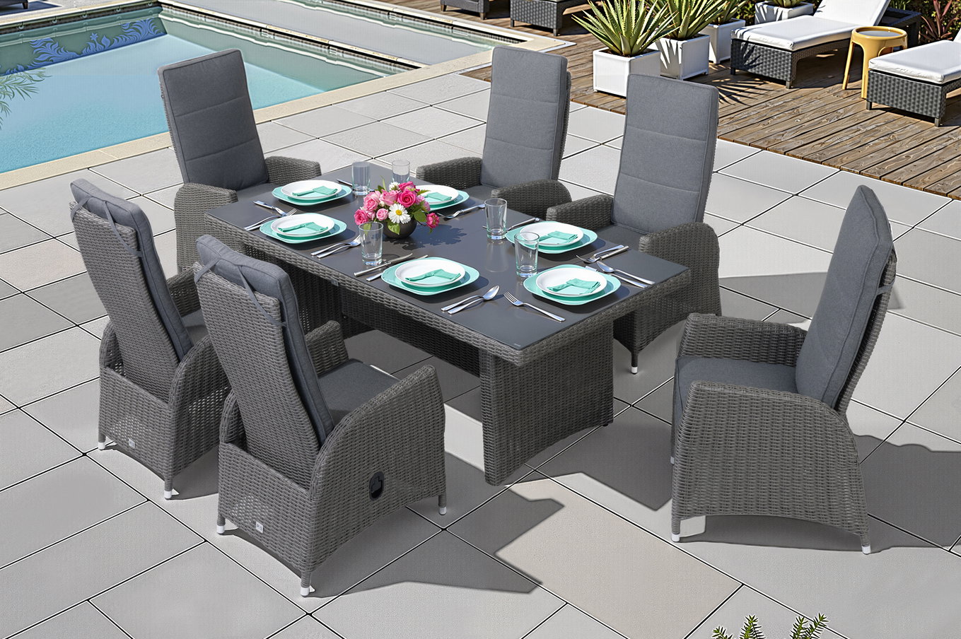 Ploß Vigo Gruppo pranzo da giardino, grigio acciaio screziato / grigio ardesia, polyrattan, tavolo 200 x 95 cm, 6 poltrone 21587__1