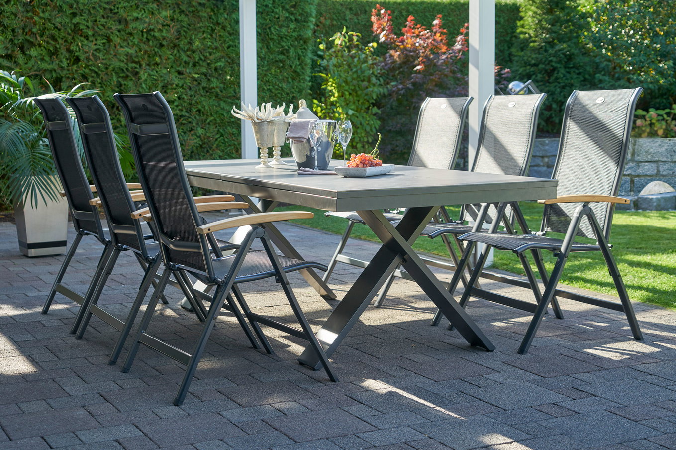 HARTMAN Modello speciale Xanadu / Alice Gruppo pranzo da giardino, xerix/nero, Alluminio/Vetroceramica, 4x4 Textilen, 6 Sedie pieghevoli, 220/280x100cm 21103__1