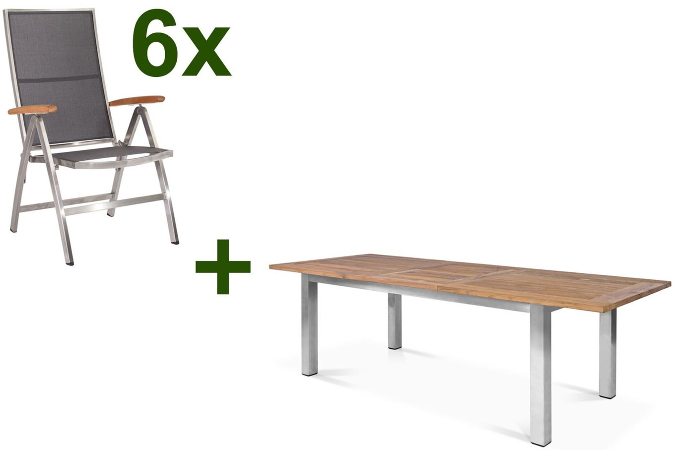 STERN Cardiff Gruppo tavolo da pranzo da giardino, argento/grigio argento, Acciaio inox/Teak riciclato, tavolo 200/260 x 100 cm, 6 Sedie pieghevoli, Prodotto certificato FSC® 19755__1