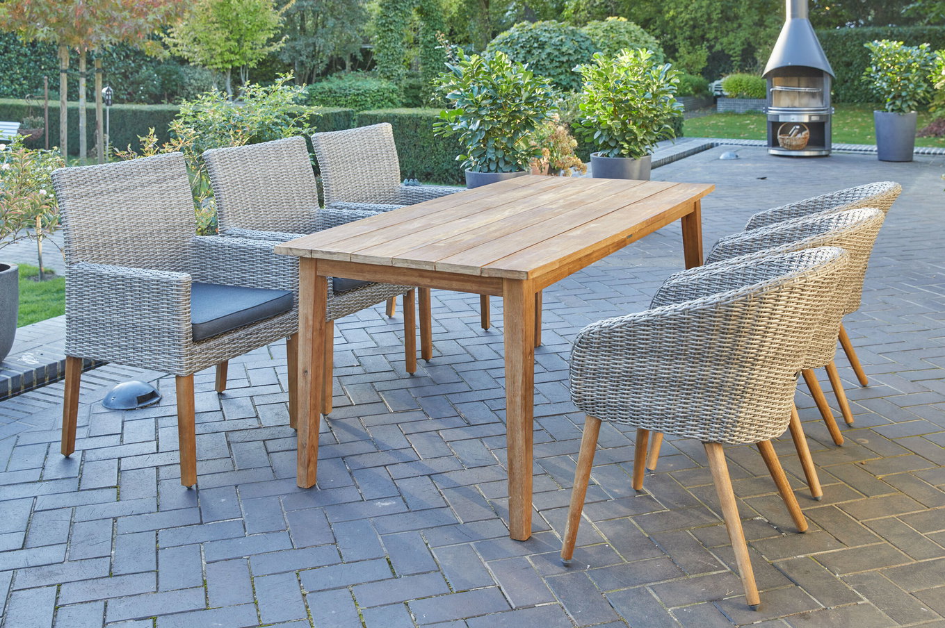 Ploß Borneo/Kota Set da pranzo da giardino, naturale/grigio screziato, Acacia/Alu/Polyrattan, 180x90cm, 3 poltrone cocktail, 3 poltrone country, Prodotto certificato FSC® 28605__1