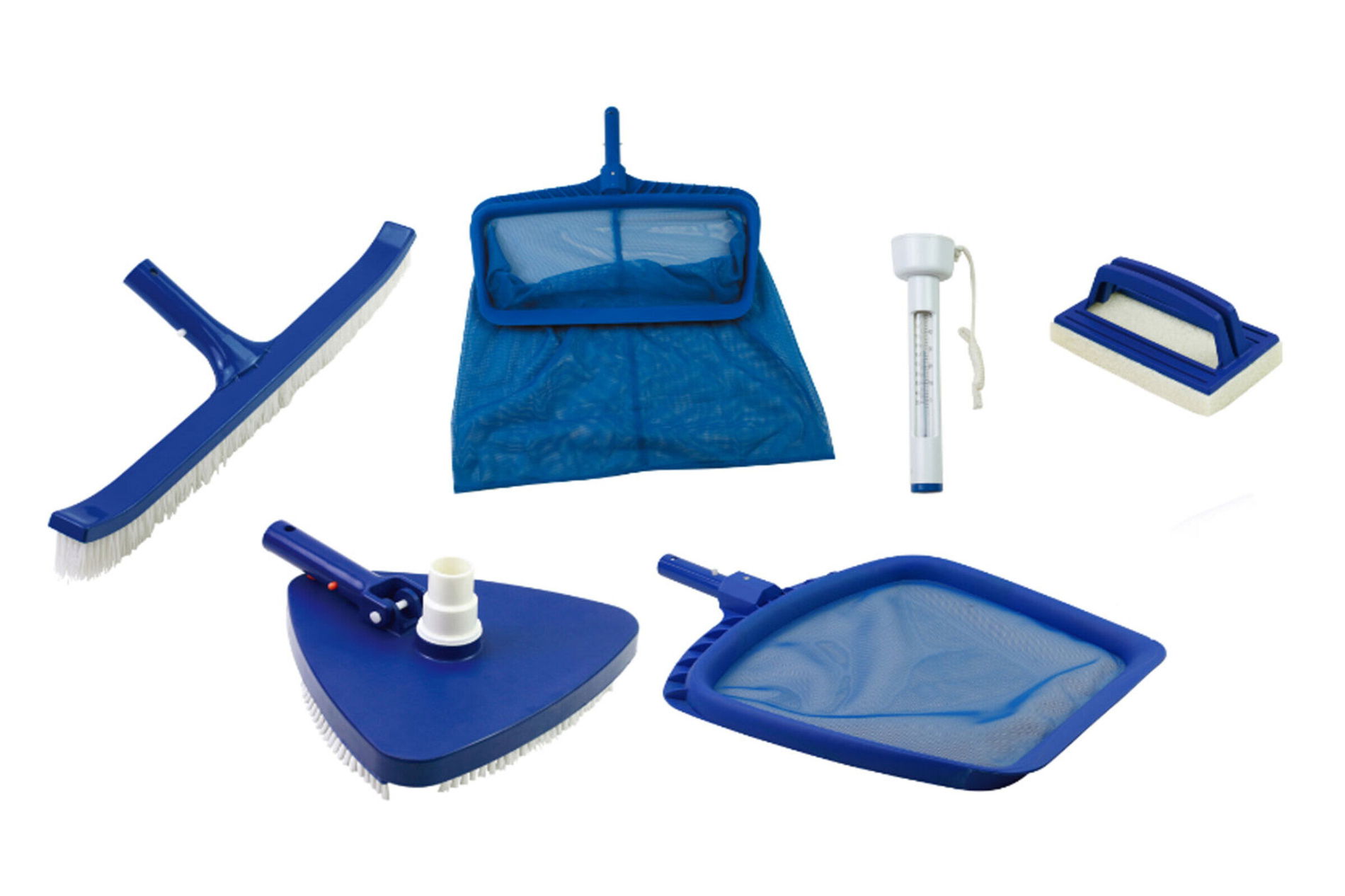 OUTTECH Set per la manutenzione della piscina, bianco/blu, plastica, 6 pezzi, incl. spazzole, retino e termometro
