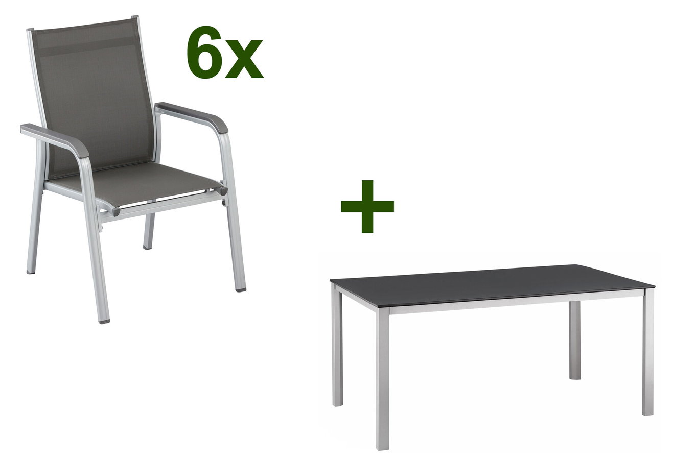 Kettler gruppo tavolo da pranzo, argento/antracite, tavolo da pranzo Kettalux-Plus 160x95cm, 6 poltrone impilabili BasicPlus 13694__1