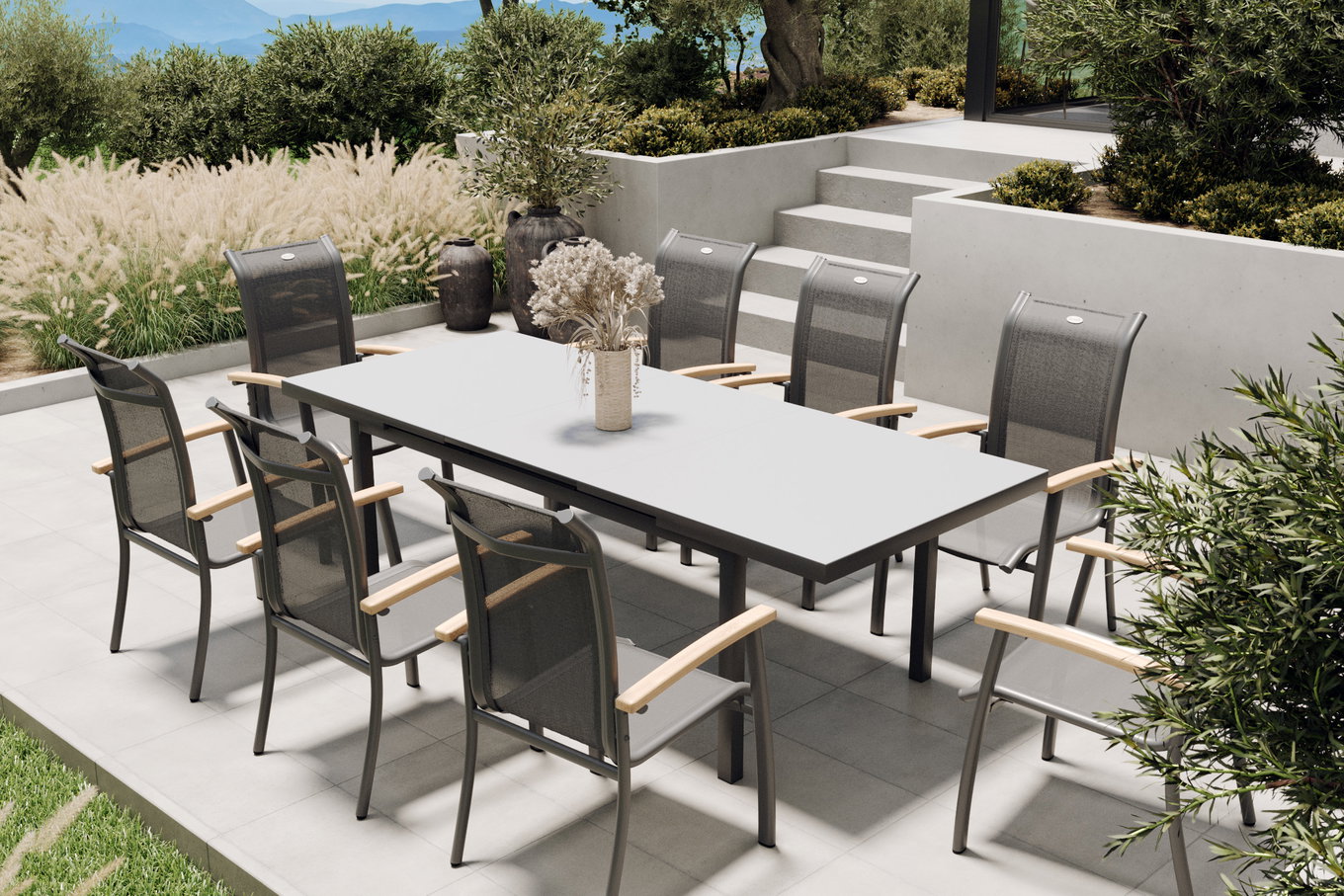HARTMAN Alice Gruppo da pranzo da giardino, xerix, Alluminio/4x4 Textilene, tavolo 180/240x100cm, 8 Poltrone impilabili 19328__1