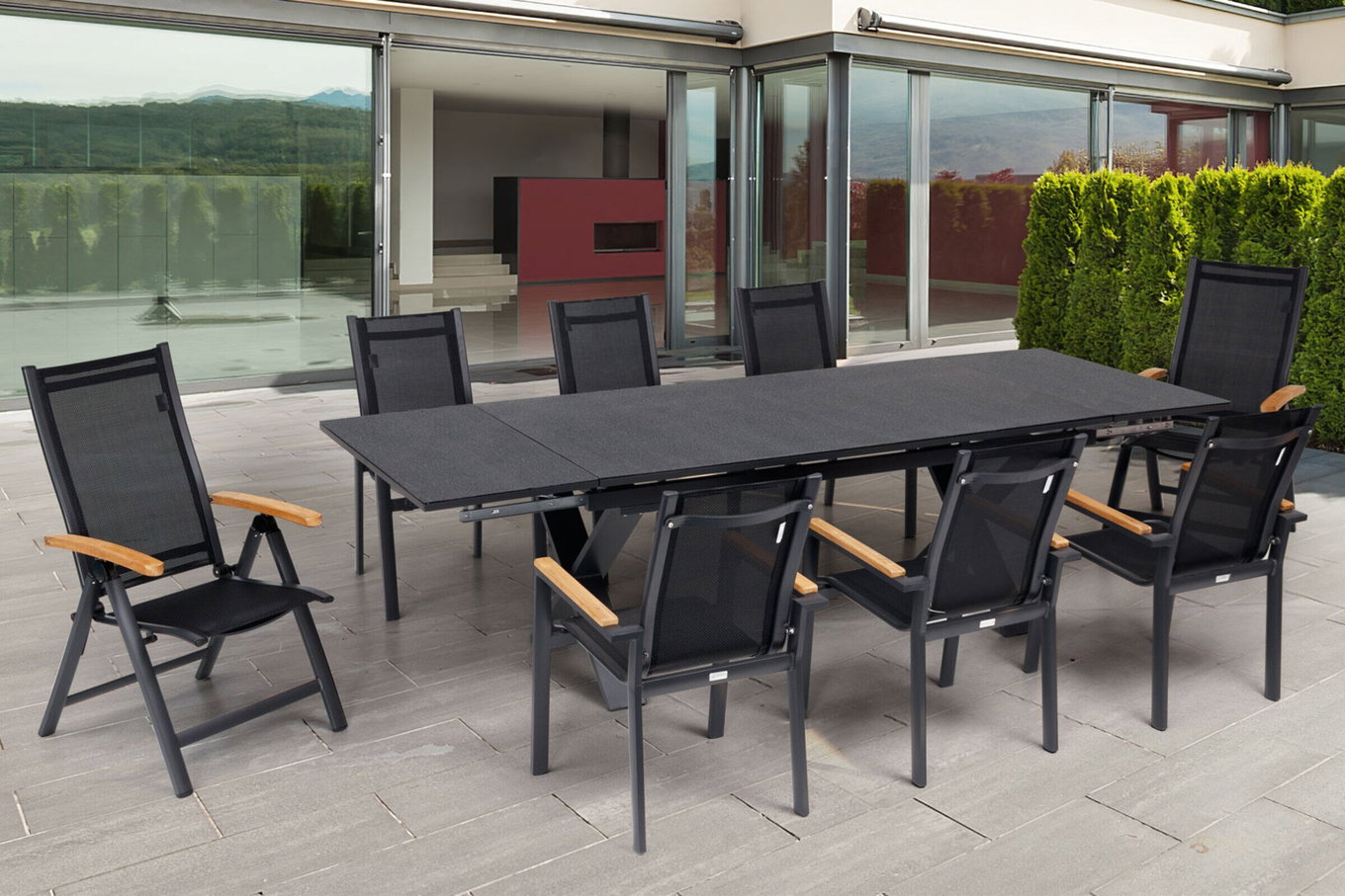 OUTFLEXX Gruppo tavolo da pranzo da giardino, OUTFLEXX® antracite opaco, Alu / Spraystone / Teak, tavolo 180/280 x 100 cm, 6 poltrone impilabili, 2 sedie pieghevoli 22131__1