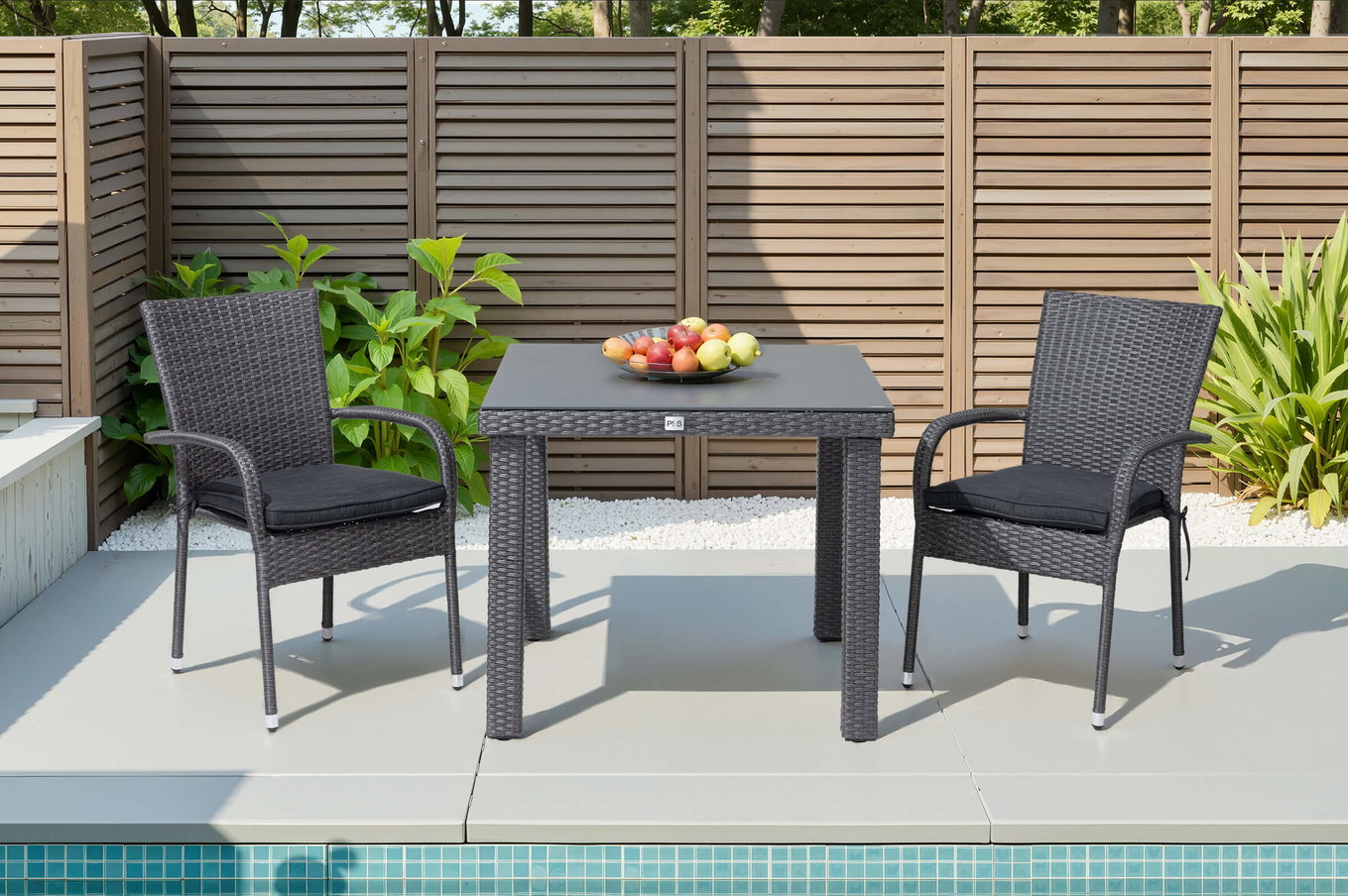 Ploß Rocking Set per Balcone, grigio/marrone-melange, Polyrattan, tavolo 90x90 cm, 2 Sedie Impilabili, piano in vetro Effetto Pietra 21074__1