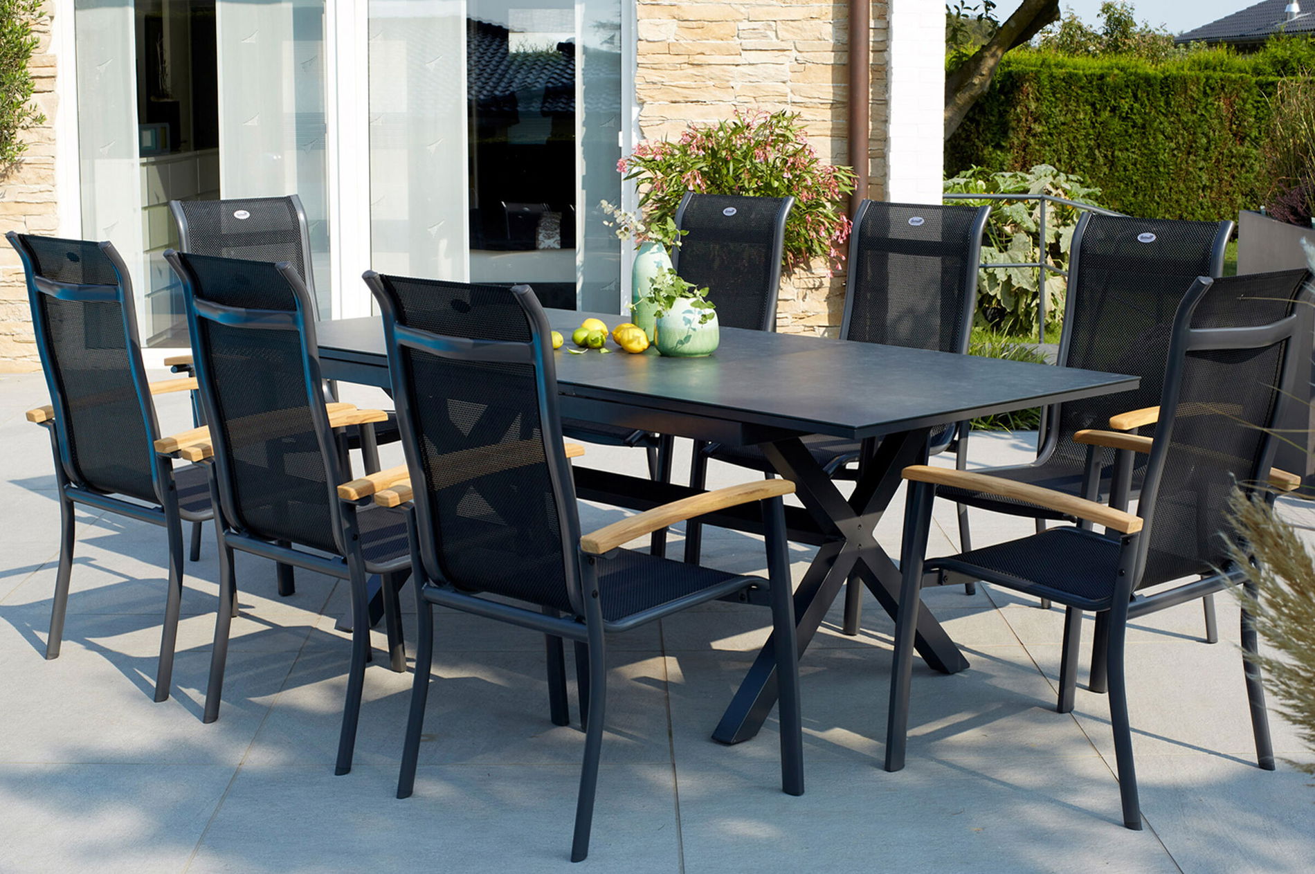 HARTMAN Xanadu / Alice Gruppo Pranzo da Giardino, xerix/naturale, Alluminio/Teak/Vetroceramica, 4x4 Textilene, 8 Poltrone Dining, 160/220x100cm, Braccioli in Teak 23249__1