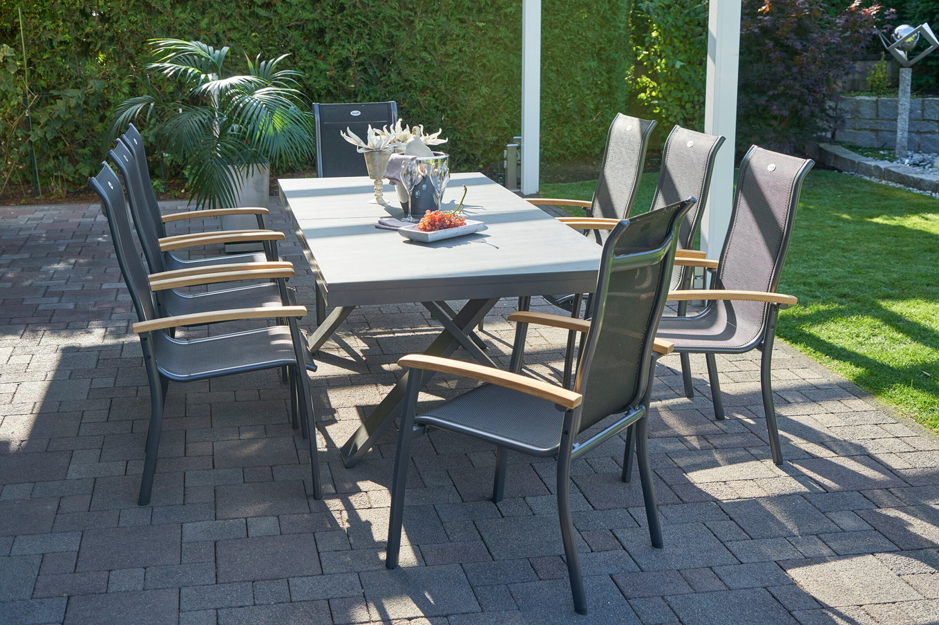 HARTMAN Modello speciale Xanadu / Alice Set da pranzo giardino, xerix/nero, Alluminio/Vetroceramica, Textilene 4x4, 8 poltrone impilabili, 220/280x100cm 21107__1
