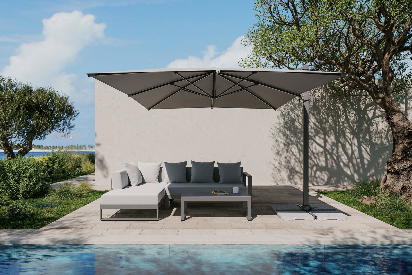 OUTFLEXX Almeria Set mobili da giardino salotto con ombrellone incluso, grigio argento/antracite, Alu/Poliestere/Vetro, ombrellone 400 x 300 cm, verniciato a polvere, con cerniera e cuscini, idrorepellente, protezione UV 80570__1