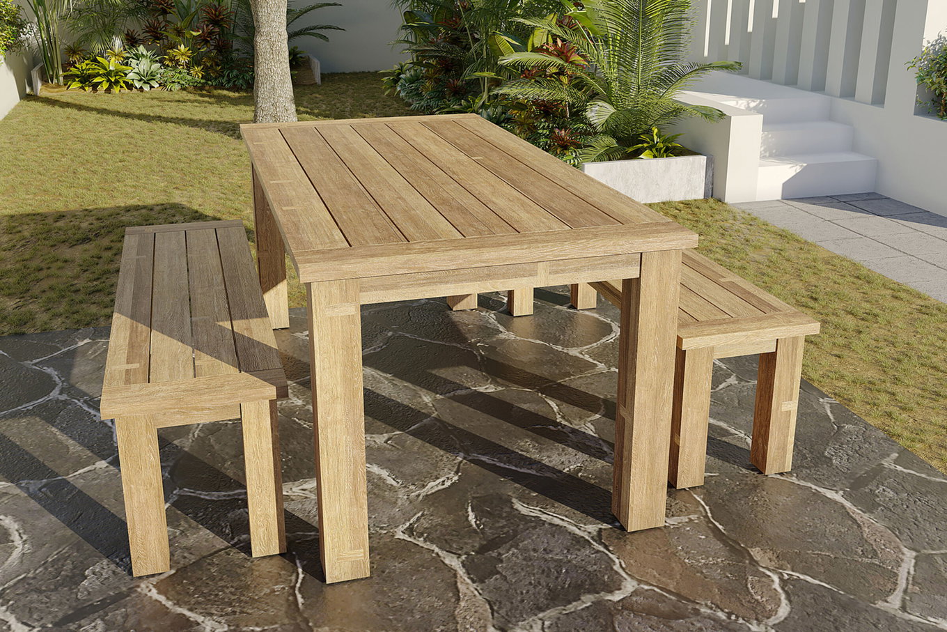 OUTFLEXX Set tavolo da pranzo da giardino, tavolo 200x100cm, 2 panche 170x40cm, teak riciclato, spessore piano 30mm 14053__1