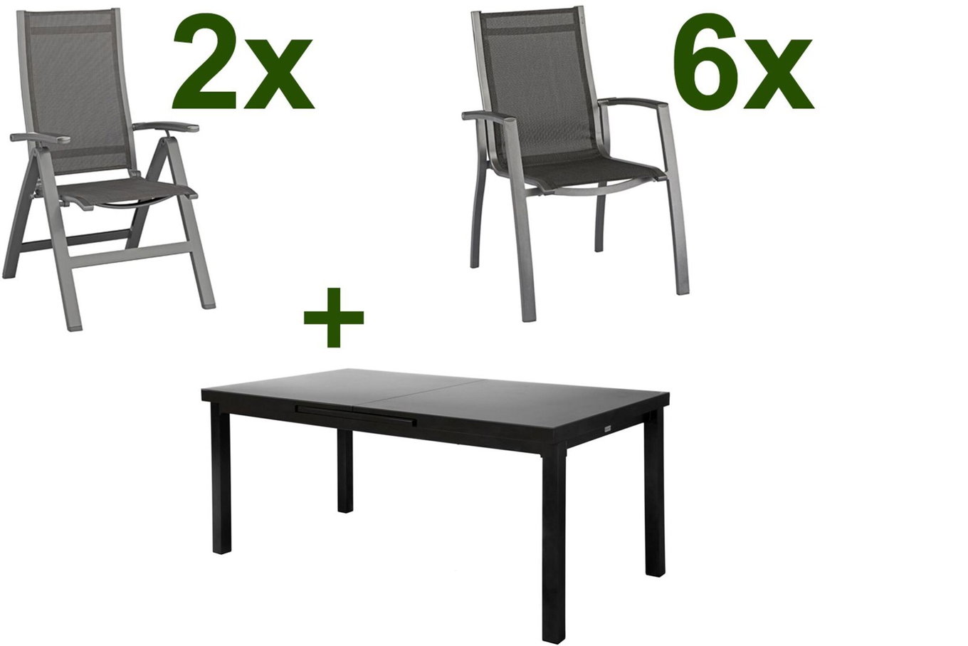 KETTLER Altura Gruppo pranzo da giardino, antracite, Alu/Textilene, tavolo 180/240x100cm, 6 poltrone impilabili, 2 sedie pieghevoli 19306__1