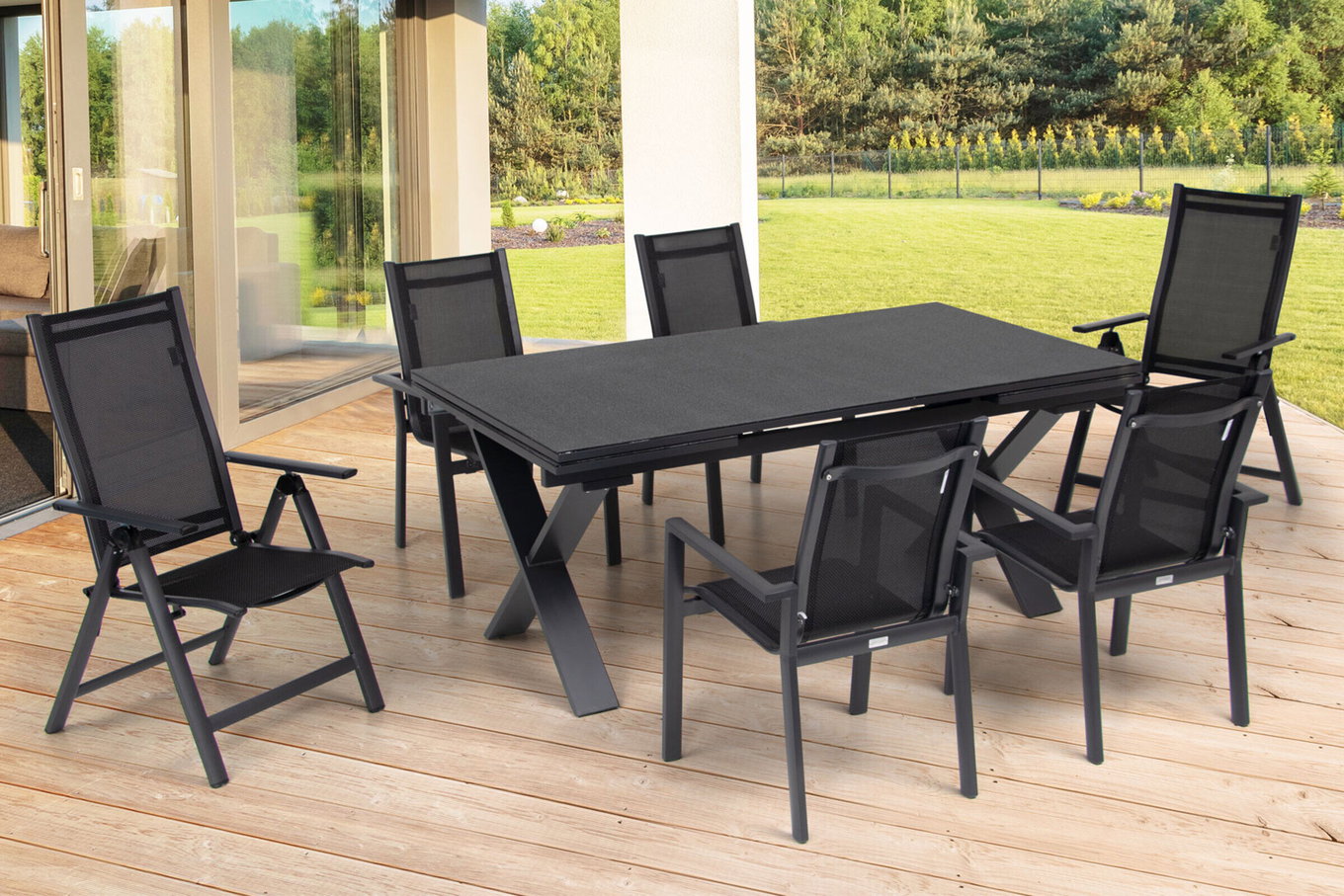 OUTFLEXX Gruppo da pranzo da giardino, OUTFLEXX® antracite opaco, Alu / Spraystone / Textil, tavolo 180/280 x 100 cm, 4 poltrone impilabili, 2 sedie pieghevoli 22139__1