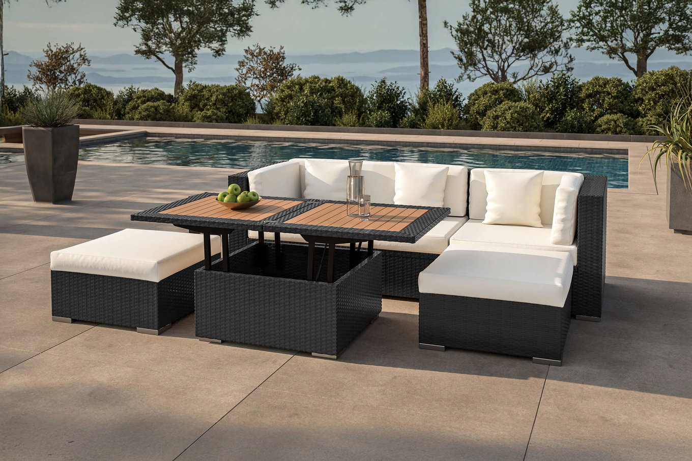 OUTFLEXX Lounge da giardino, crema/bianco, nero, polirattan, 5 persone, baule portacuscini impermeabile, incl. tavolo lounge 18226_BOX_D__1