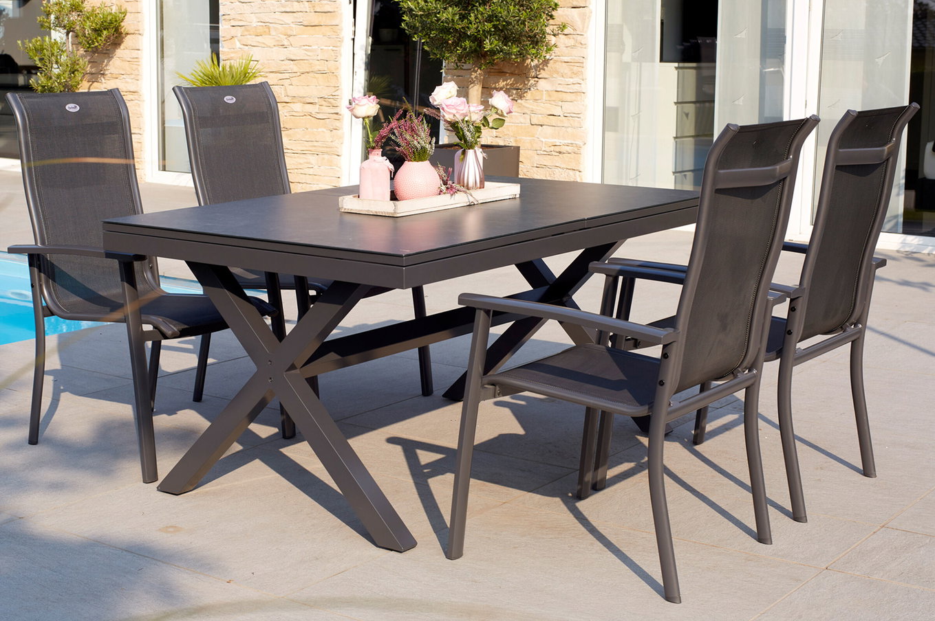 HARTMAN Xanadu / Alice Gruppo da pranzo da giardino, xerix, Alu/Textilene/Vetroceramica, 4 sedie impilabili, 160/220x100cm 23257__1