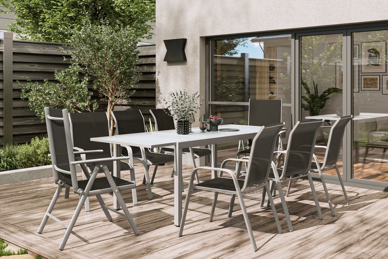 VILLANA Gruppo da pranzo da giardino, argento/nero, Alu/Textil, tavolo 160/220 cm, 6 sedie impilabili, 2 poltrone ad alto schienale 13878__1