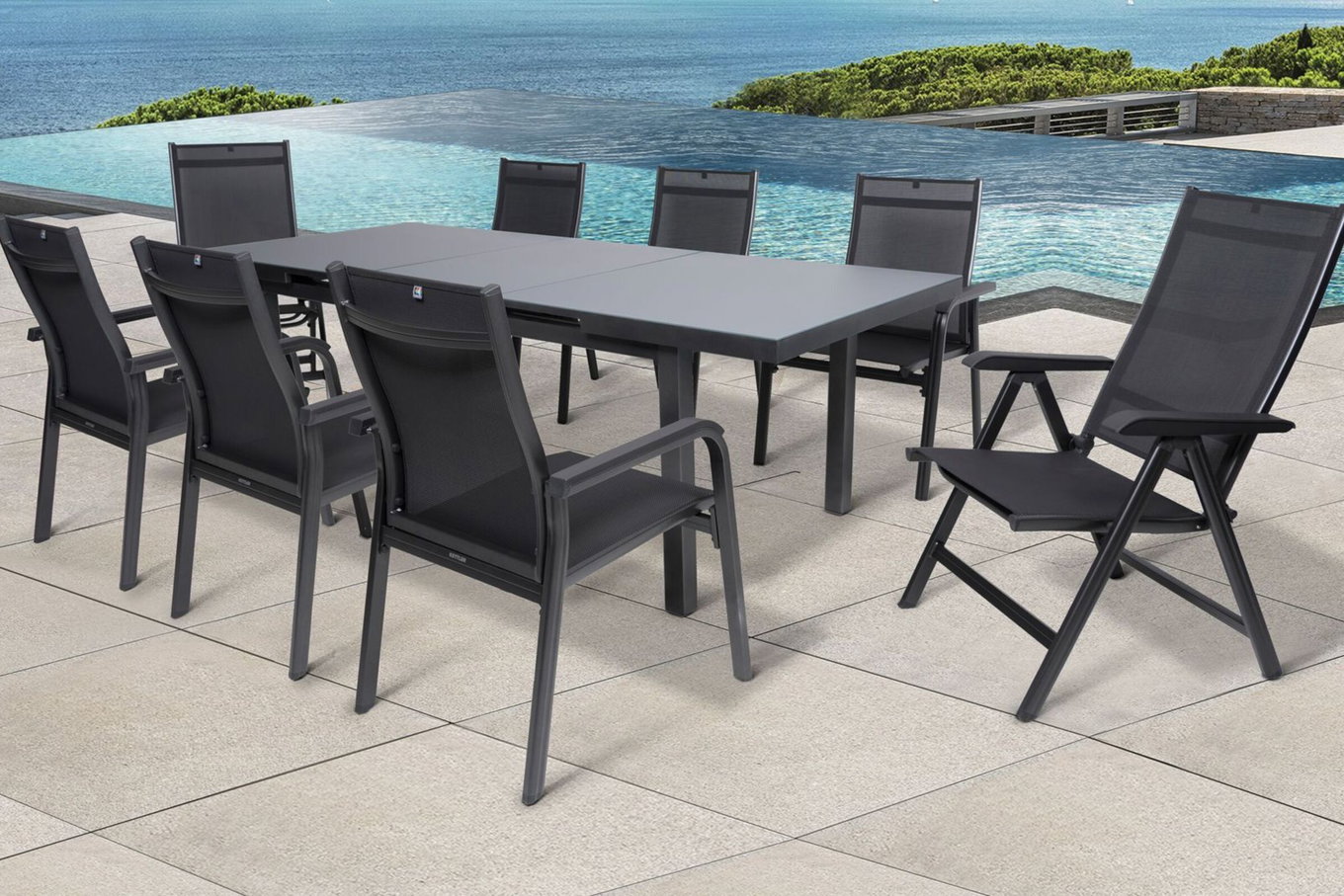 KETTLER BasicPlus Gruppo da pranzo da giardino, antracite, Alu/Textilene, tavolo 180/240x100cm, 6 poltrone impilabili, 2 sedie pieghevoli 19318__1