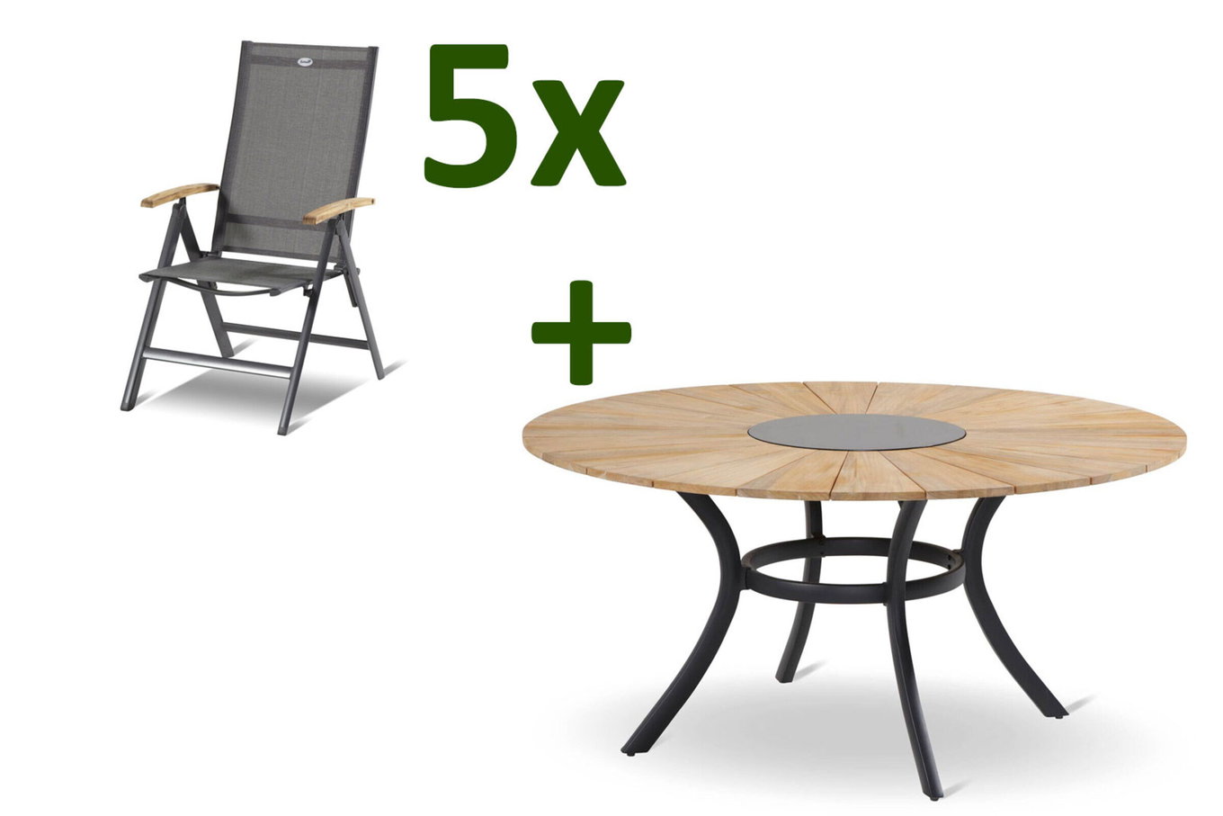HARTMAN Aruba/Provence Set da pranzo da giardino, xerix/naturale, Alu/Textilene/Teak, Ø150 cm, 5 sedie pieghevoli, contenitore ghiaccio 24197__1