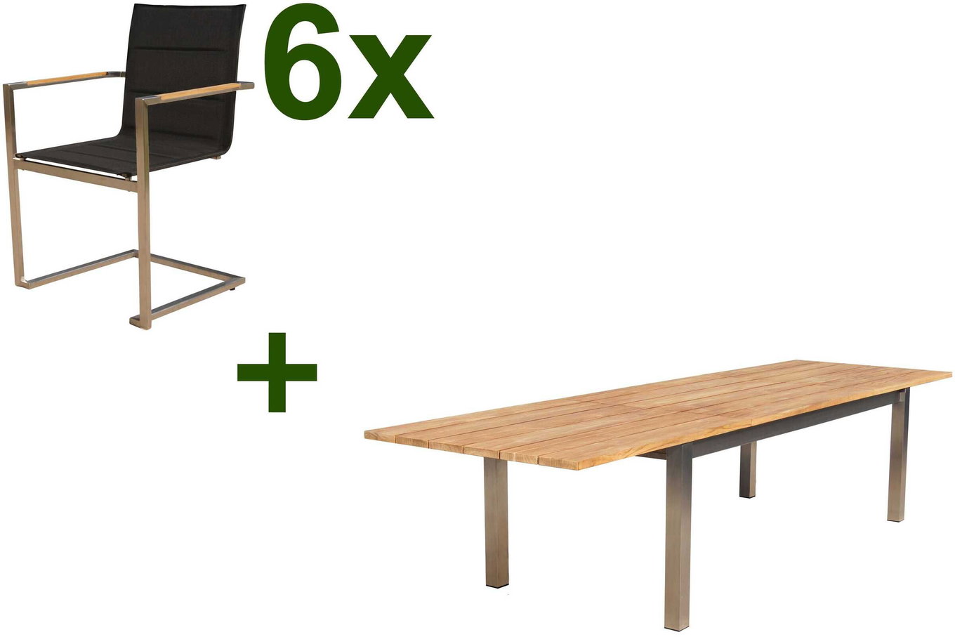 OUTFLEXX Gruppo da pranzo da giardino, acciaio inox/teak, 220/340 x 100 cm, 6 sedie a sbalzo, nero, spessore piano del tavolo 3cm, prodotto certificato FSC® 17319__1