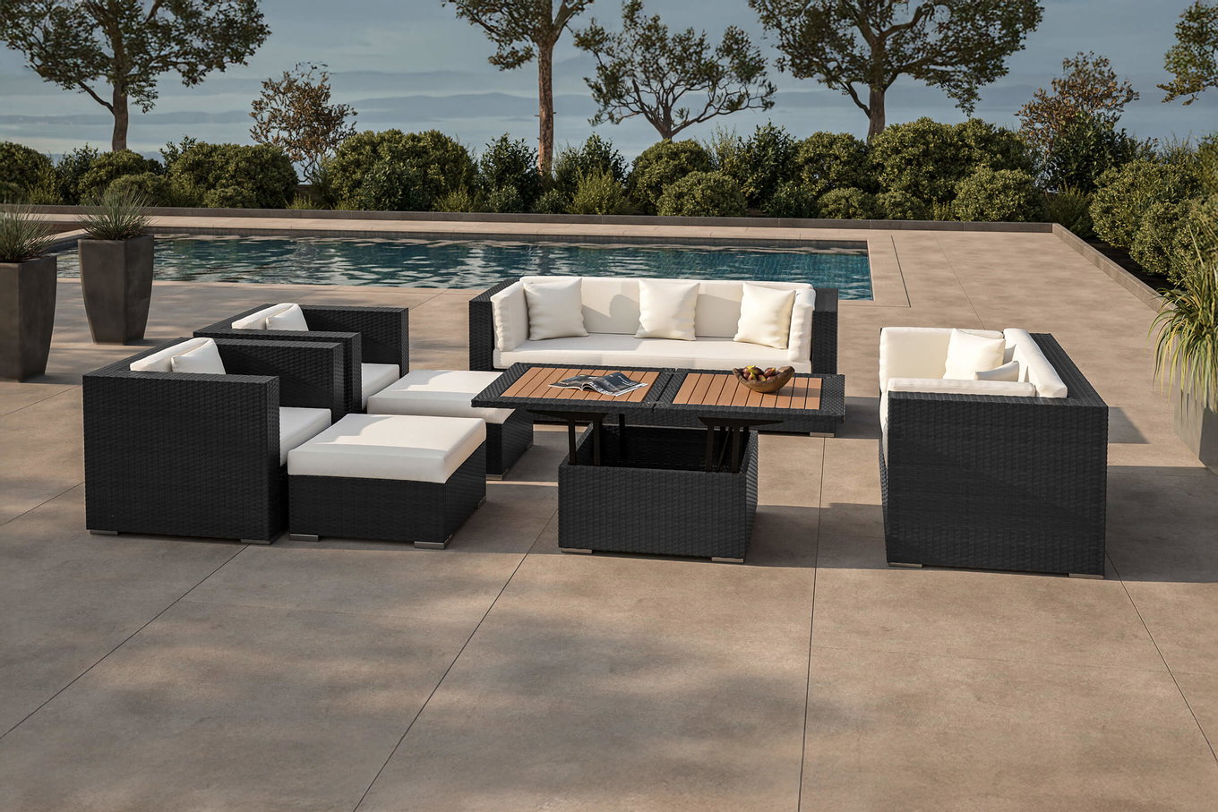 OUTFLEXX salotto da giardino, crema/bianco, nero, Polyrattan, per 9 persone, incl. tavolino lounge, baule portacuscini impermeabile 1716_BOX_D__1