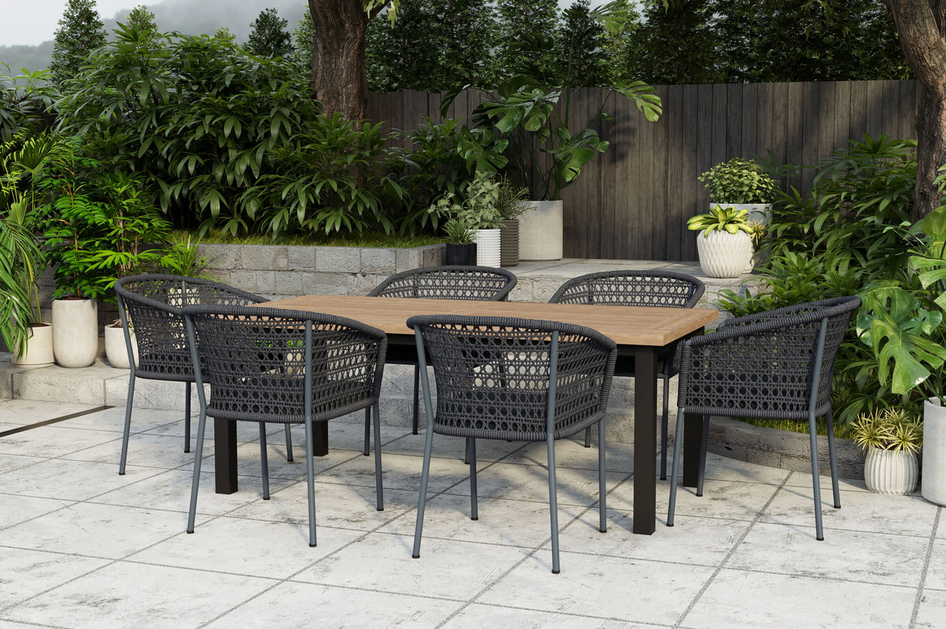 OUTFLEXX Oxford/Zui Set da pranzo da giardino, antracite/grigio scuro, acciaio inox/teak riciclato/Rope, 200/260 x 100 cm, 6x poltrona, incl. cuscini 24310__1