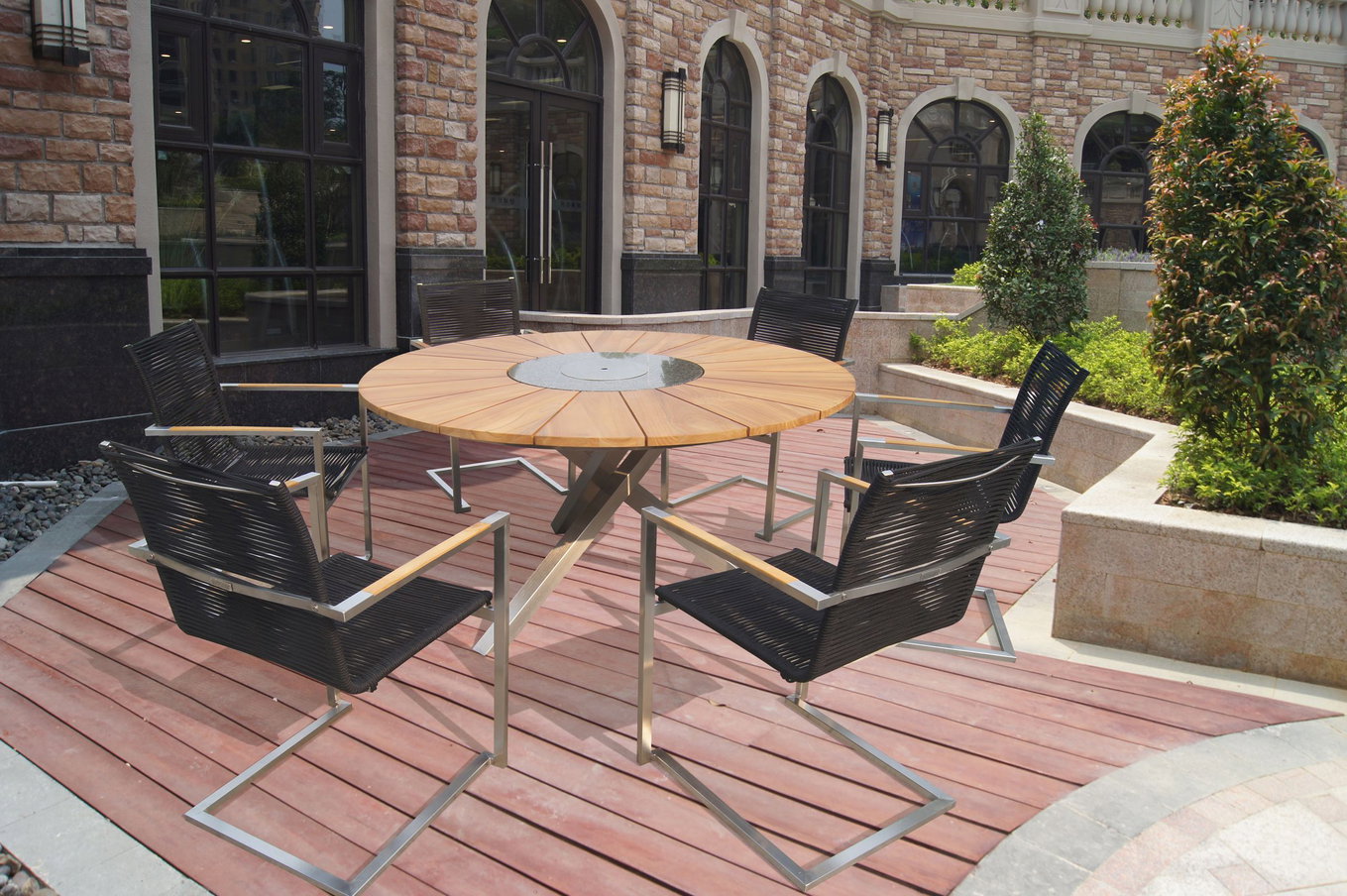 Set da pranzo da giardino OUTFLEXX, argento/nero, acciaio inox/teak, tavolo da pranzo Ø 170 cm, 6 sedie a sbalzo, prodotto certificato FSC® 18872__1