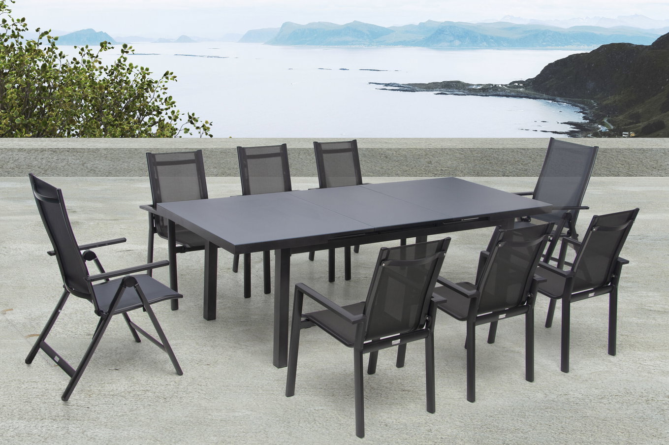OUTFLEXX Premium Gruppo da pranzo per giardino, antracite/grigio, Alu/Textilene, tavolo allungabile 180/240 x 100 cm, 6 poltrone impilabili, 2 sedie pieghevoli 21442__1