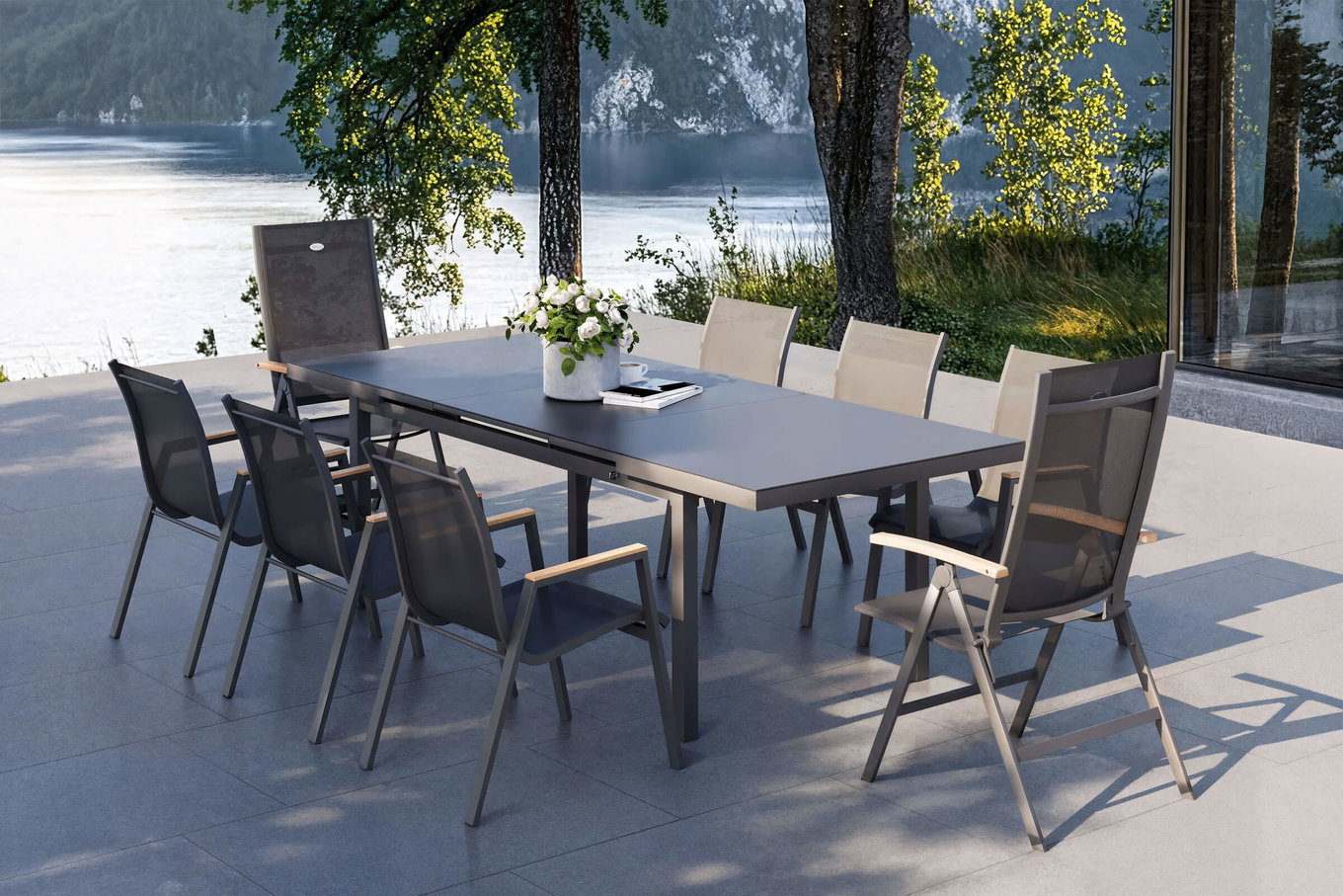HARTMAN Aruba Teak Gruppo pranzo da giardino, xerix, Alu/Textilene, tavolo 180/240x100cm, 6 poltrone impilabili, 2 sedie pieghevoli 19342__1