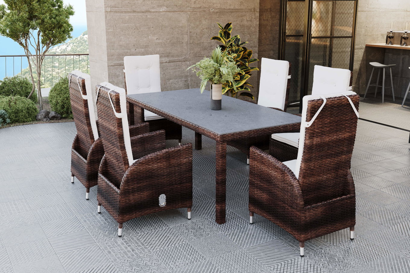OUTFLEXX Gruppo da pranzo da giardino, marrone marmorizzato, polyrattan, tavolo 180x100cm, Spraystone, 6mm, 6 poltrone da pranzo, regolabili 20666__1
