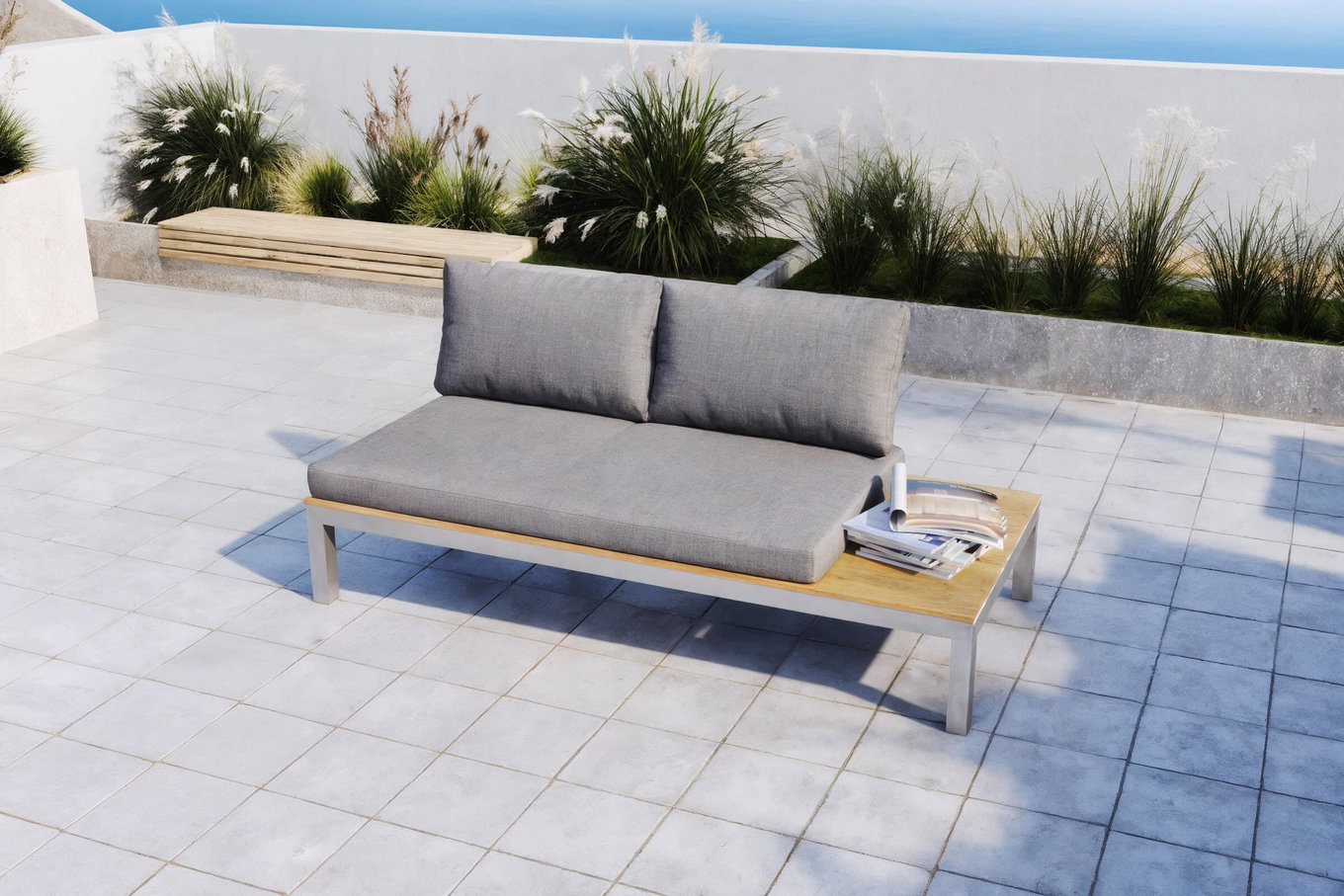 Divano a 2 posti OUTFLEXX, argento/grigio, acciaio inox/legno di teak/tessuto, 168 x 79 x 64 cm, prodotto certificato FSC® 18294__1