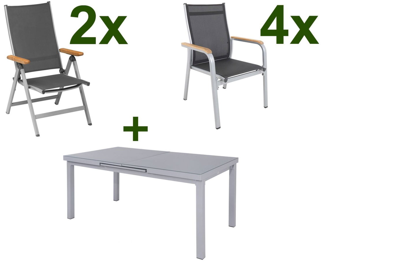 KETTLER Granada Gruppo tavolo da pranzo da giardino, argento, Alu/Textilene, tavolo 180/240x100cm, 4 poltrone impilabili, 2 sedie pieghevoli 19323__1
