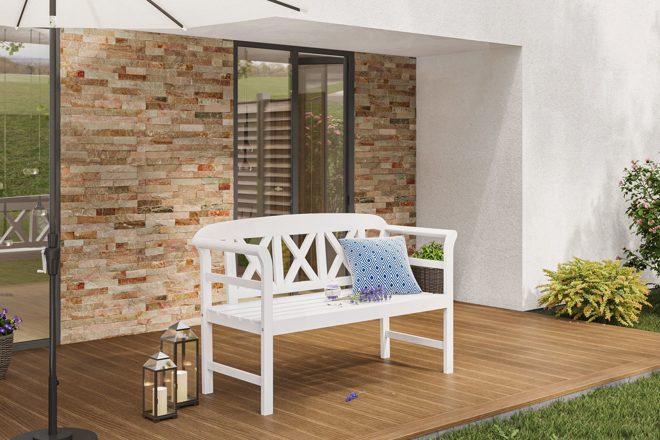 VILLANA Panchina da giardino, bianca, acacia, 128 x 54 x 81 cm, 2 persone, prodotto certificato FSC® 13853__1
