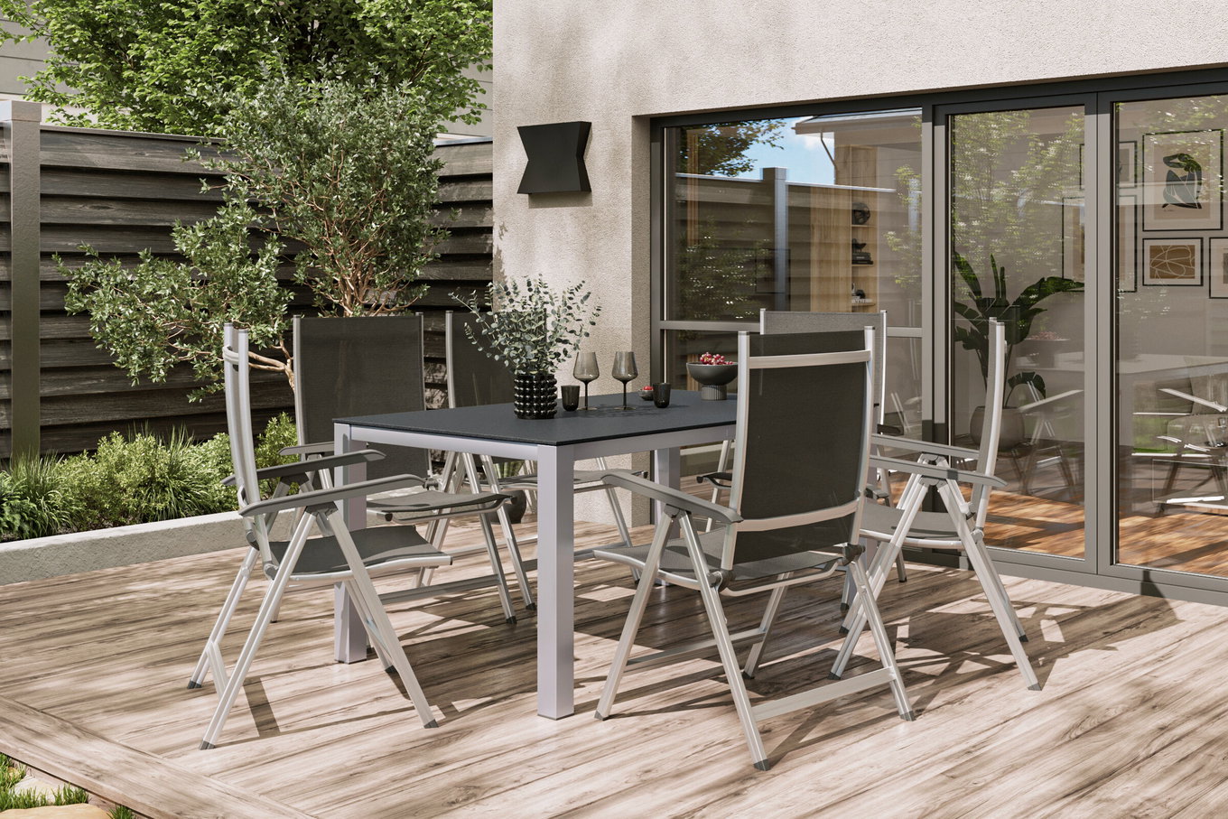KETTLER BasicPlus Set pranzo da giardino, argento/antracite, Alu/Spraystone/Textil, 160 x 95 cm, incl. 6 sedie pieghevoli 28317__1