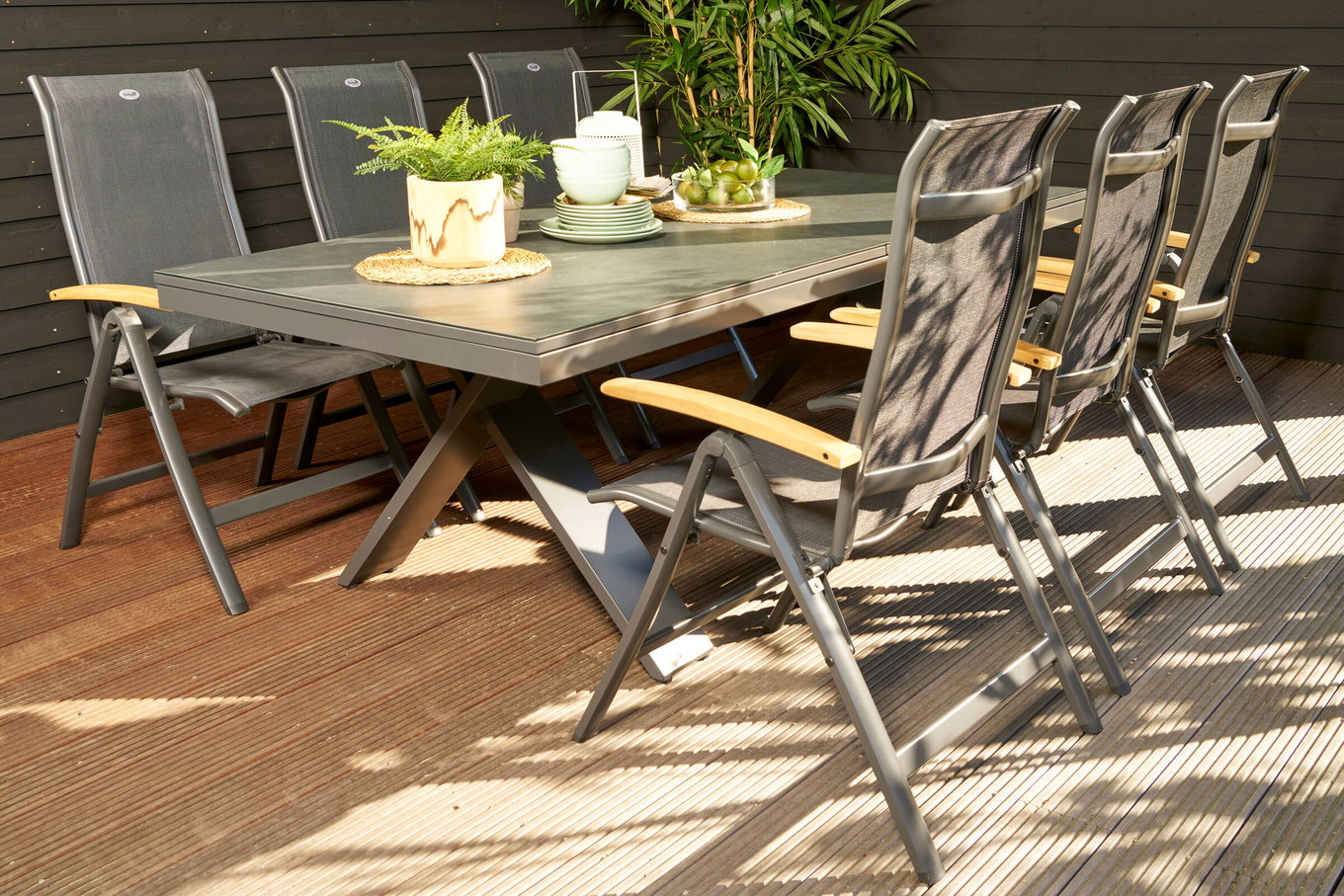 HARTMAN Xanadu/Alice Set da pranzo da giardino, xerix, Alluminio/Vetroceramica/Teak/2x2 Textilene, 220/280x100 cm, 6 Sedie pieghevoli, Struttura a X 24172__1