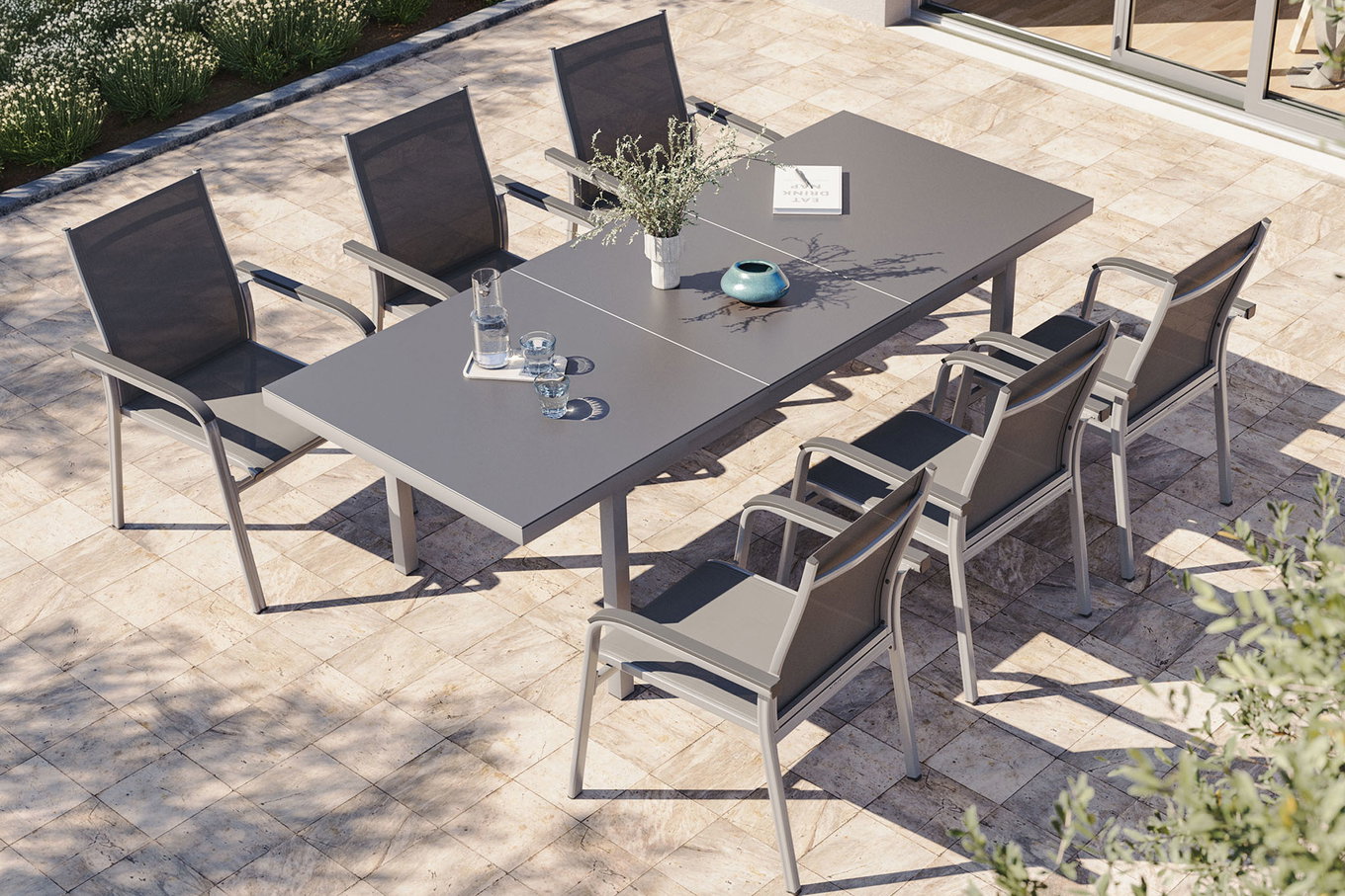 KETTLER BasicPlus Gruppo Pranzo da Giardino, argento, Alu/Textilene, tavolo 180/240x100cm, 6 Poltrone Impilabili 19309__1
