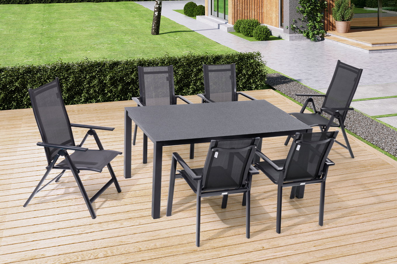 OUTFLEXX Gruppo Pranzo da Giardino, antracite, Alu/Spraystone/Textilene, 160 x 95 cm, 4 Poltrone impilabili, 2 Sedie pieghevoli 28179__1