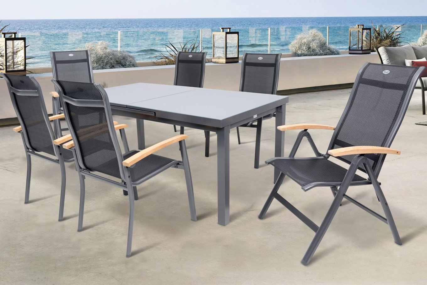 HARTMAN Alice Gruppo tavolo da pranzo da giardino, xerix, Alu/4x4 Textilene, tavolo 180/240x100cm, 4 poltroncine impilabili, 2 sedie pieghevoli 19329__1