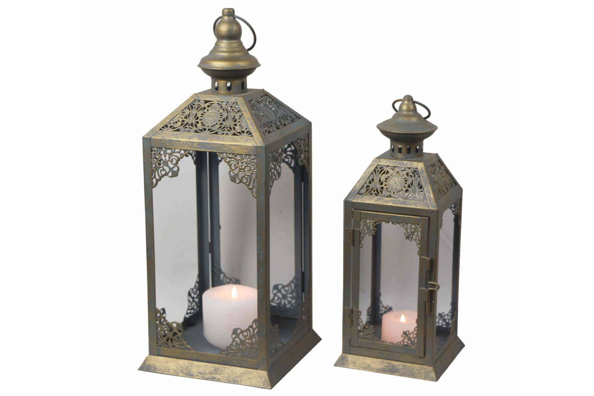 OUTFLEXX Set di 2 lanterne, blu/oro, metallo, H ca. 26/38,5 cm