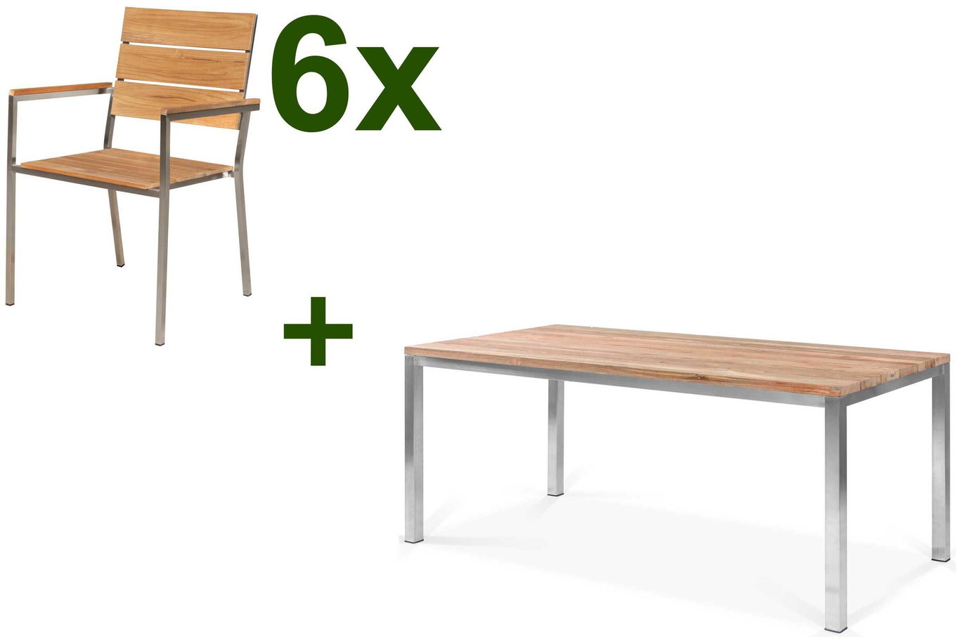 OUTFLEXX Gruppo tavolo da pranzo da giardino, acciaio inox/teak riciclato, tavolo 180 x 90 cm, 6 poltrone impilabili, prodotto certificato FSC® 17281__1