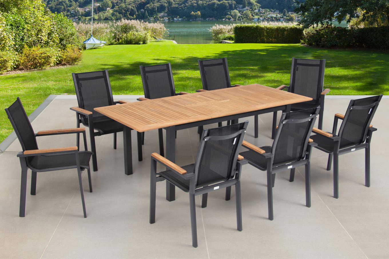 OUTFLEXX Gruppo pranzo da giardino, OUTFLEXX® antracite opaco, Alu / Teak / Textil, tavolo 150/210x90cm, 8 poltrone impilabili 22170__1