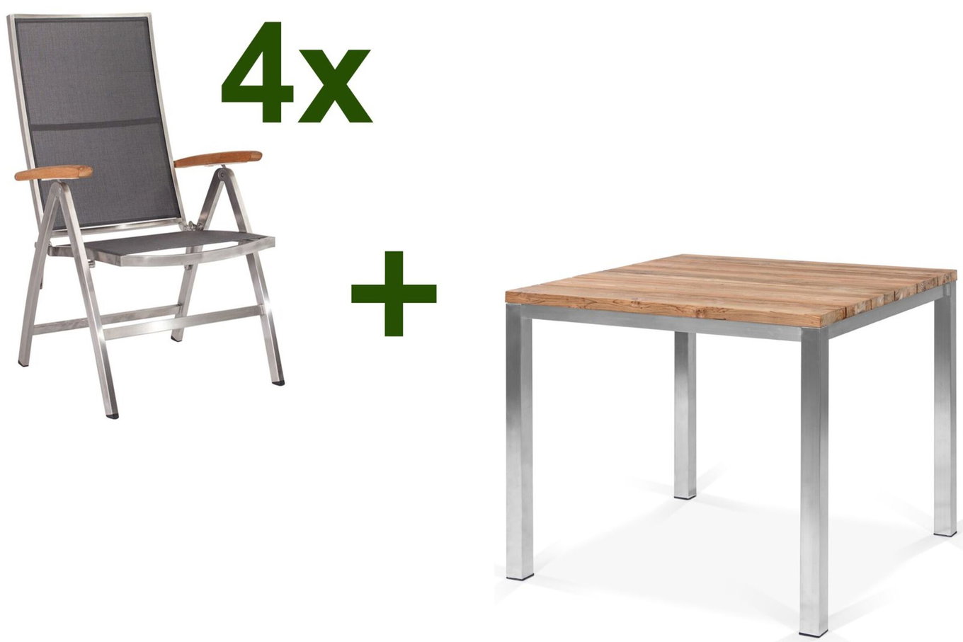STERN Cardiff Set da pranzo da giardino, argento/grigio argento, Acciaio inox/Teak riciclato, tavolo 90 x 90 cm, 4 Sedie pieghevoli, Prodotto certificato FSC® 19770__1