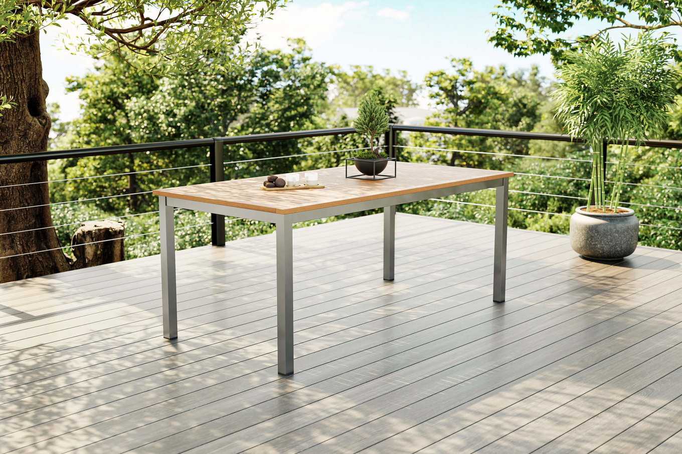 VILLANA Tasmania Tavolo da pranzo, Argento/Natural, Alluminio/Eucalipto, 180 x 90 cm, elevata portata, resistente alla corrosione, resistente alle intemperie, robusto, prodotto certificato FSC® 80117__1