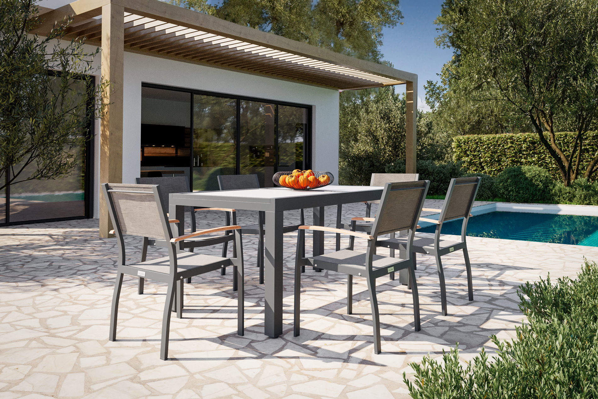 Set da pranzo da giardino VILLANA con 6 poltrone, antracite/grigio, alluminio/vetro, tavolo ca. 160/220 x 90 cm, allungabile, resistente alle intemperie, prodotto certificato FSC® Set da pranzo da giardino VILLANA con 6 poltrone, antracite/grigio, alluminio/vetro, tavolo ca. 160/220 x 90 cm, allungabile, resistente alle intemperie, prodotto certificato FSC®