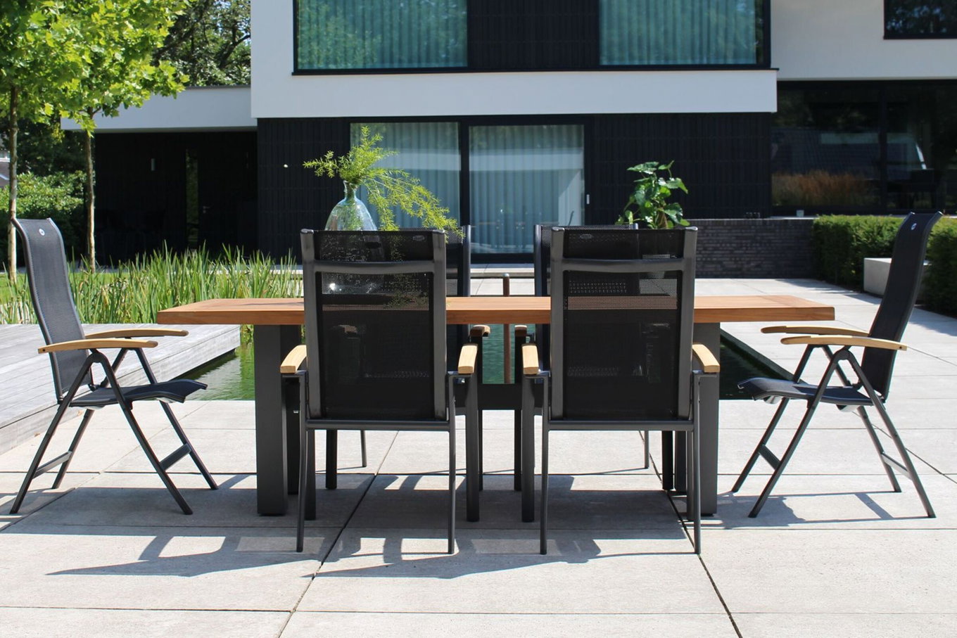 HARTMAN Modello speciale Yasmani/Alice Gruppo pranzo da giardino, xerix, Alluminio/Legno di teak, 4x4 Tessuti, 240x100cm, 4 Poltrone impilabili, 2 Sedie pieghevoli 19047__1