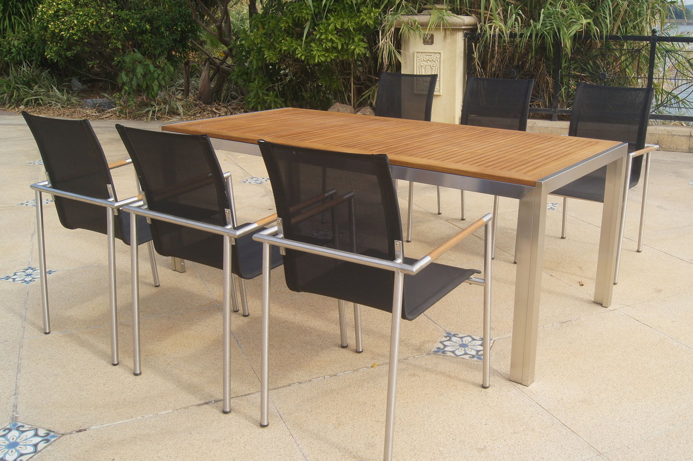 OUTFLEXX Gruppo pranzo da giardino, naturale/antracite, Acciaio inossidabile/Textilene/Teak, tavolo 200x90cm, 6 poltrone da pranzo 24079__1