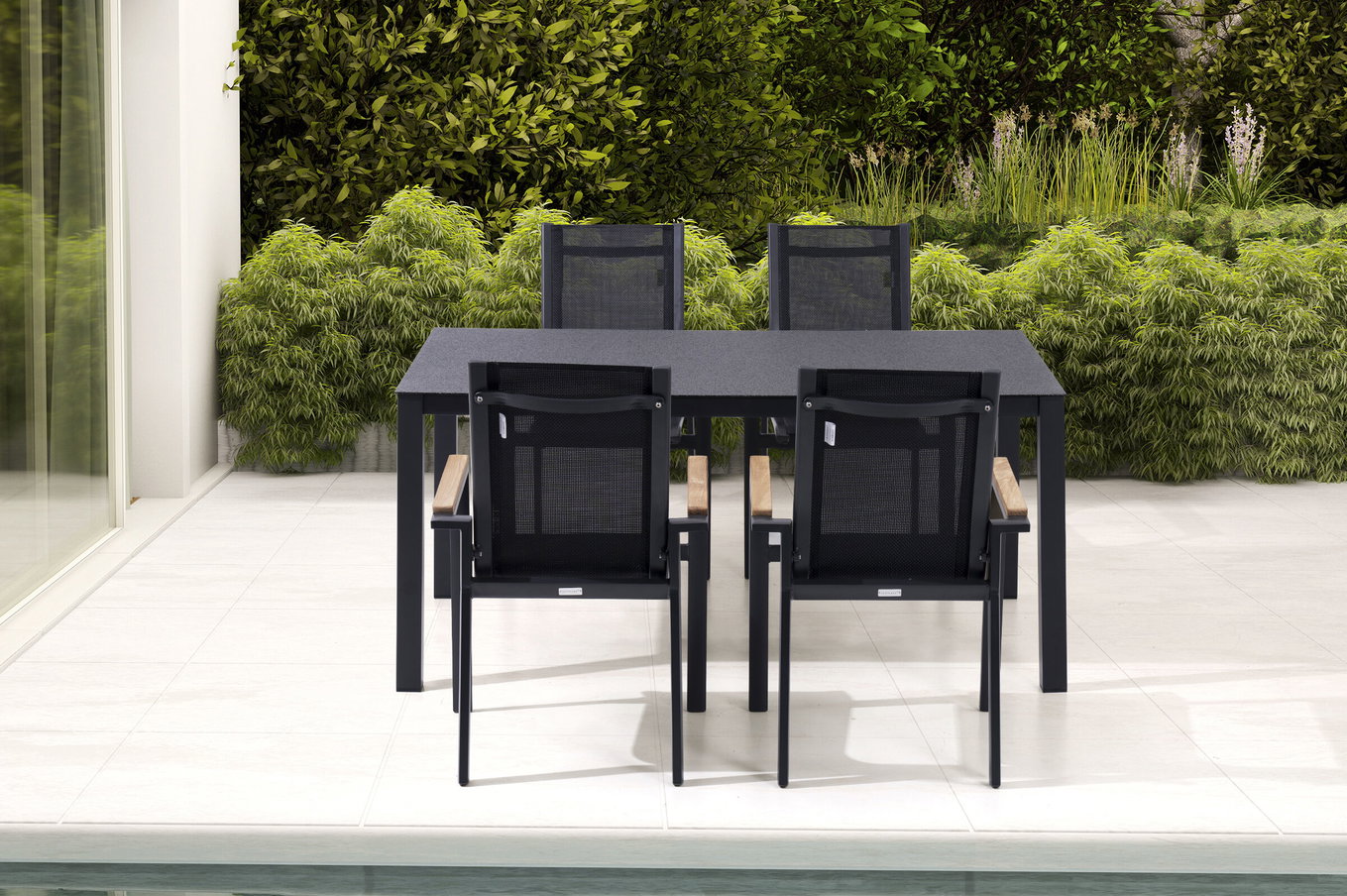 OUTFLEXX Gruppo pranzo da giardino, antracite opaco, Alu/Spraystone/Textilene, 160x95 cm, 4 poltrone, braccioli in Teak 28182__1