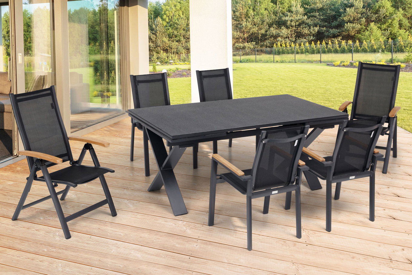 OUTFLEXX Set da pranzo da giardino, OUTFLEXX® antracite opaco, alluminio / Spraystone / teak, tavolo 180/280 x 100 cm, 4 poltrone impilabili, 2 sedie pieghevoli 22130__1